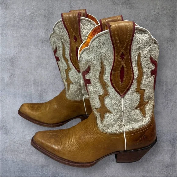 Frye Lilly Short Tan Leather Western Boots Womens 6B Inlay Detail Boho Festival - Picture 5 of 12